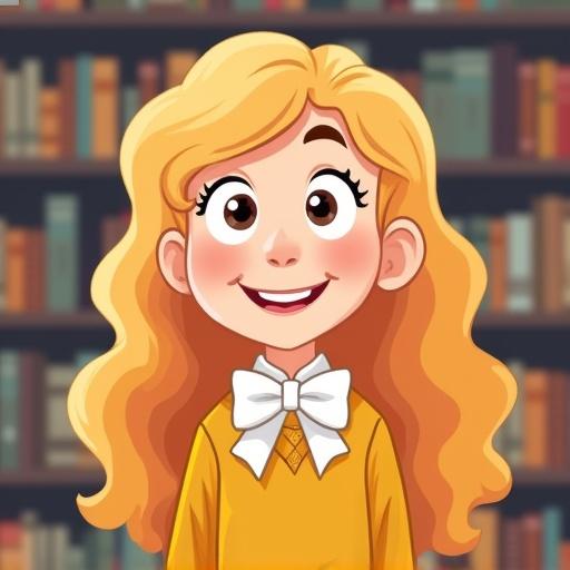 Cute cartoon girl with long wavy blonde hair and a quirky ahoge. She has wide googly eyes and a friendly smile. She wears a mustard yellow sweater and a white bow tie. She stands in a library. The style is simple cartoon with flat shading and clean lines. The expression is wholesome and cheerful with quirky posture. Soft indoor lighting enhances the appearance.