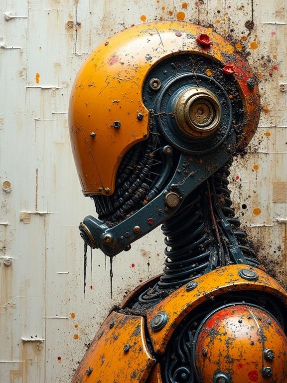 Robot with an orange helmet and metallic body. Textured with mixed media elements like jute and wood. Showcases scratches and vibrant colors. 3D depth and layered appearance. Artistic and stunning.