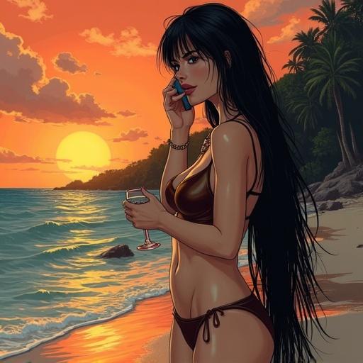 Tall woman with long black hair stands on the beach. She is wearing a tiny brown bikini. One hand holds a glass while the other holds a cellphone. The sunset casts dramatic lighting on her figure. The atmosphere feels hot and mysterious.