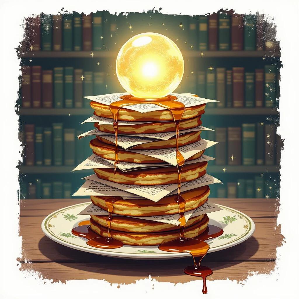 Tower of pancakes made of ancient book pages. Illustrations and faded text adorning each layer. Luminous orb serves as butter. Dark syrup flows like ink. Style blends magical realism with fantasy library elements.