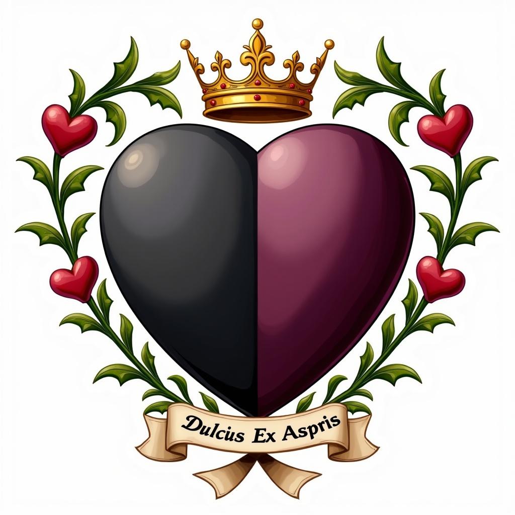 Heraldic design featuring heart-shaped shield. Shield surrounded by heart-shaped vines. Left side of shield is black. Right side of shield is dark-purple. Gold coronet on top. Ribbon below with the motto 'Dulcius Ex Asperis'.