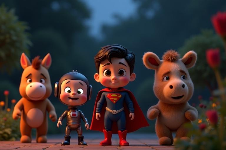 A cinematic animated scene with four cartoon characters in a dark garden. Sparky wears a red cape and blue suit. Zumo wears a metallic outfit with glowing eyes. Teddy is a wooden horse. The little puzzle car has tears in its eyes. The setting is twilight with soft ambient light.