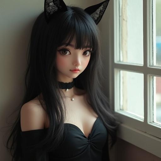 Portrait of a 20 years old girl indoors. She has dark hair and wears a black dress. Accessories include a black choker with a pearl and black lace cat ears. Leaning against a wall near a window. Soft focus style.