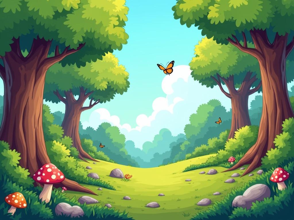 Create a cartoon forest landscape that serves as an endless vector nature background for computer games. The scene should feature tall trees with vibrant green foliage, creating a lush, outdoor setting. Include a mixture of brown tree trunks and green underbrush, emphasizing a natural environment rich in detail. Add small patches of colorful mushrooms and rocks scattered throughout the grassy area. Butterflies of various colors should flutter around, enhancing the whimsical feel of the forest.