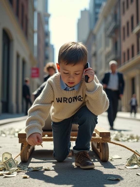 A realistic city street scene on a clear day. A 7-year-old boy crawls on hands and knees, pulling a wooden sled with a rope. He wears a creamy sweater saying 'WRONG', dark jeans, and worn shoes. His exhausted face shows strain. Parents sit on the sled, absorbed in phones and laptops, unaware of the boy. Urban surroundings include detailed concrete buildings, clean sidewalks, and scattered crumpled US bills. The natural warm lighting creates realistic shadows. The scene is highly detailed with no artificial effects.
