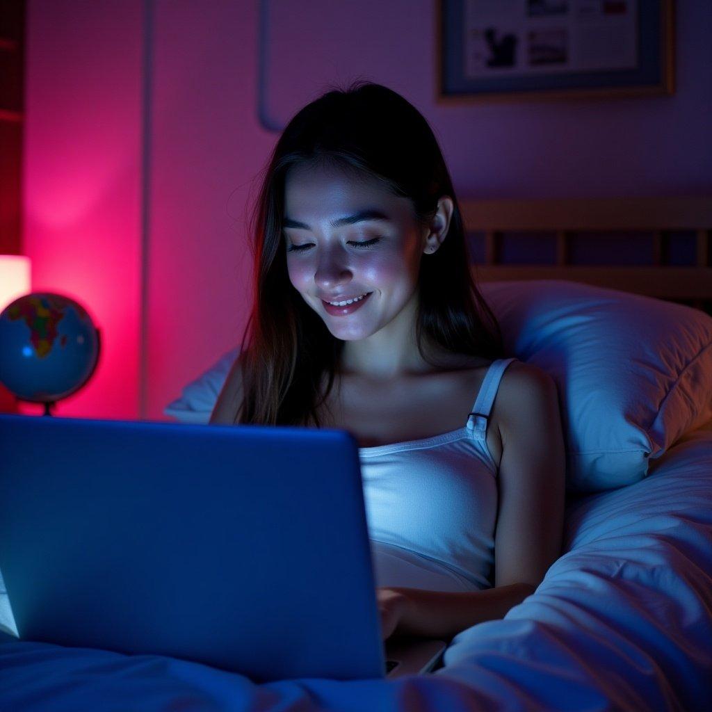 A young woman sits in bed using a laptop. The room is illuminated with soft pink and blue lights. She looks focused on her screen, suggesting work or study. Bedding is neatly arranged. A globe is in the background. The mood is calm and relaxed for productive work.