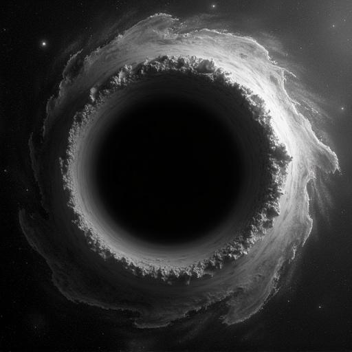 A black and white depiction of a spiral black hole. The image features a deep central void surrounded by intricate swirling clouds of gas and dust. Stars can be faintly seen in the background. The overall aesthetic is dramatic and thought-provoking.