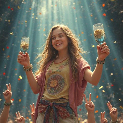 A young girl celebrating with glasses raised in a vibrant atmosphere. Background filled with sunlight rays and an engaged crowd. Soft focus highlighting the joyous expressions.