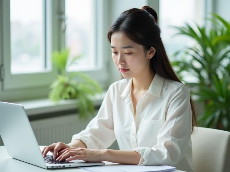 Young woman working on a laptop with a sad expression. She is seated near a window in a bright office filled with natural light and green plants. Wearing a white blouse. Photographed from a semi-side angle. Realistic style with soft lighting.