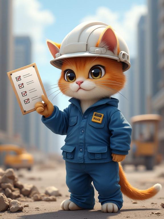 Realistic cat wearing a white safety helmet and blue work uniform on a construction site. Cat has a determined expression while doing a safety check and pointing at a checklist. Genba Neko style is emphasized.
