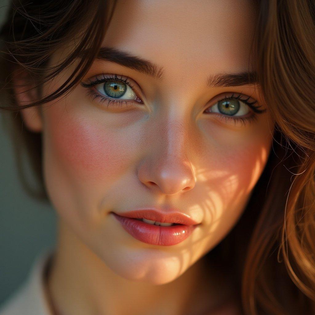 A close-up portrait of a beautiful young woman. She has striking green eyes and soft, natural makeup. The lighting is warm and soft, creating a serene atmosphere. Her expression is inviting and captivating, showcasing her natural beauty. The background is blurred to focus on her face.