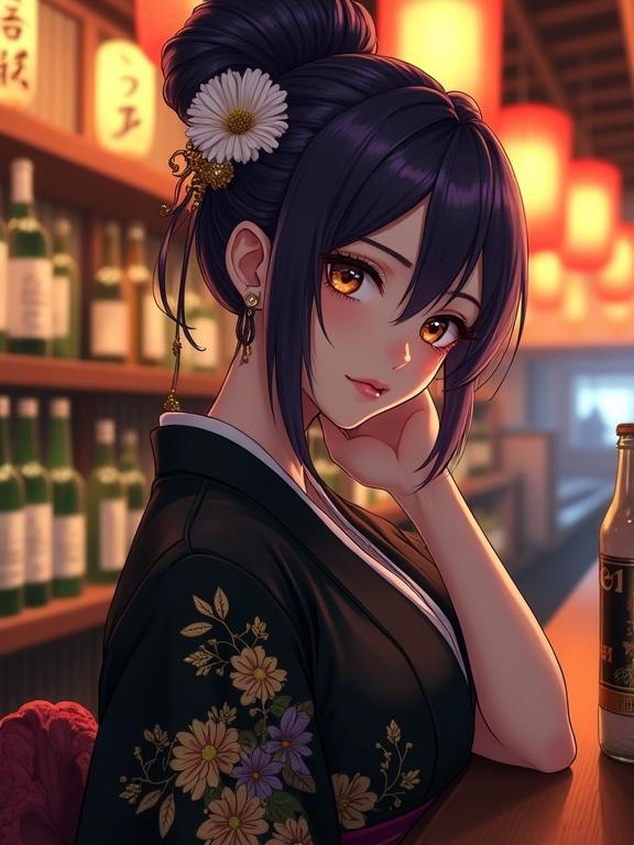 A semi-anime-style woman with dark violet hair styled up and floral hair accessories. She has light brown eyes and wear a black kimono adorned with gold floral designs. She is leaning on a bar in a traditional izakaya with bottles and glowing lanterns in background. The atmosphere is warm and slightly dim, expressing serenity and slight melancholy. Smooth shading digital painting style.