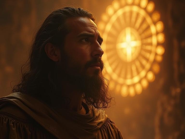 Enoch with a concerned expression sees a glowing vision of lineage represented with light and shadow. The style is symbolic with golden and dark tones in a vertical layout.