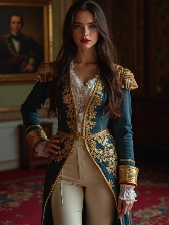 Young woman wearing a Napoleonic uniform in a dark room. Elegant and intricate details on the uniform. Long brunette hair and red lips. Full body shot showcasing her attire and the room decor.