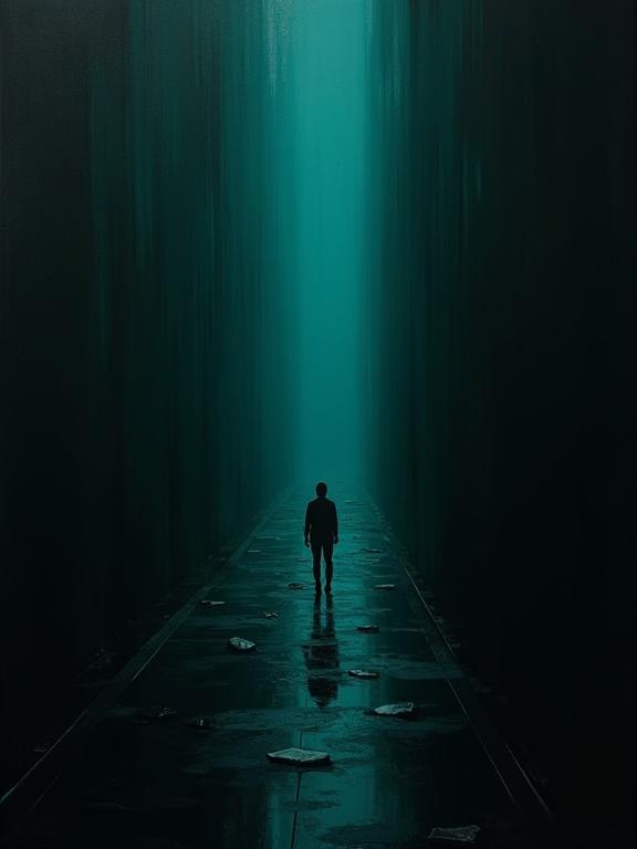 Digital oil painting features dark teal colors. Silhouette design of a person walking in a corridor. Harsh paint strokes. Black background adds depth. Elements of absurdism and minimalism are present. Reflective surfaces hint at water or wet pavement. Unique composition creates a sense of isolation.