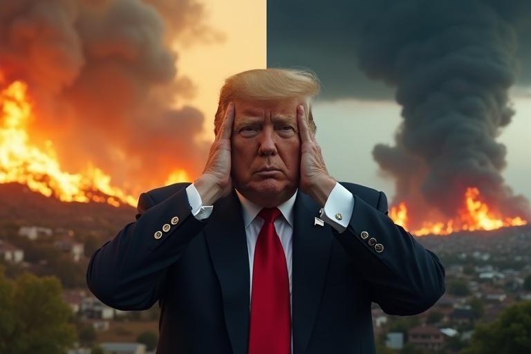 American president Donald Trump wearing a suit looks scared with hands on head in center. On the left, Hollywood hills are ablaze with fire consuming trees and houses. On the right, a massive tornado destroys houses and buildings under dark clouds. The image has a photorealistic style with focused lighting and exceptional detail.