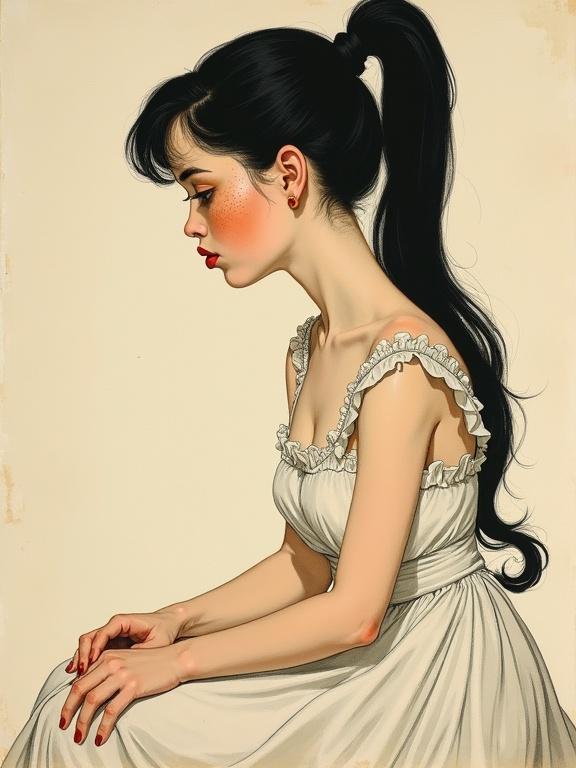 Vintage pin up illustration of a young woman with a black ponytail and freckles. She wears a white dress and sits with her hands on her knees. The style is reminiscent of Alphonse Mucha.