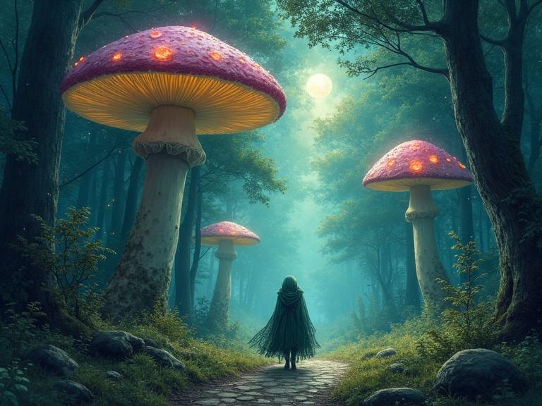 An ancient forest features giant bioluminescent mushrooms. An elf wears a cobweb cloak and walks along a misty path. Moonlight pierces the surrounding mist. The artwork is done in watercolor with gold accents and blurred edges. The color palette includes emerald and dark purple with magical particles floating.