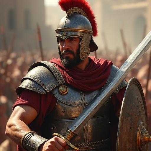 A solitary Iberian warrior standing with a sword. The warrior wears a simple tunic and a breastplate. The setting is a battlefield with soldiers in the background. The focus is on the warrior's confident stance and realistic appeal. The atmosphere is intense yet historic.