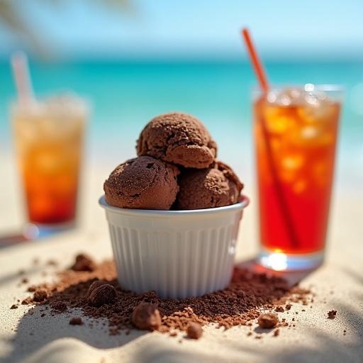 Close-up view of a beach table with chocolate ice cream served in a white bowl accompanied by cold sodas.