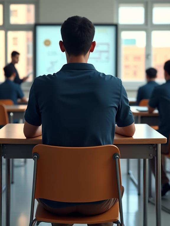 High-resolution image of a student taking an exam from behind. Modern classroom with natural sunlight. Smart board visible. Male students in uniform. Teacher nearby. Comfortable furniture.