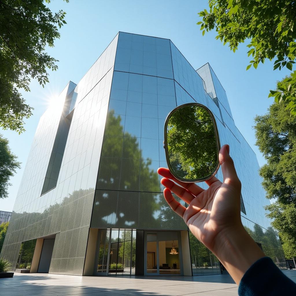 A modern building reflects in a compact mirror held by a hand. The scene is bright and sunny with greenery around.