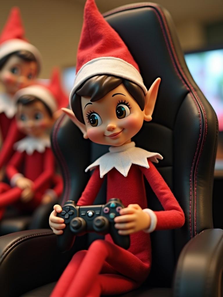 Image depicts a brown-eyed elf seated in a gaming chair. Elf holds a PlayStation controller. Background features a sign stating appreciation for testing PlayStation. Other elves appear in background watching happily.