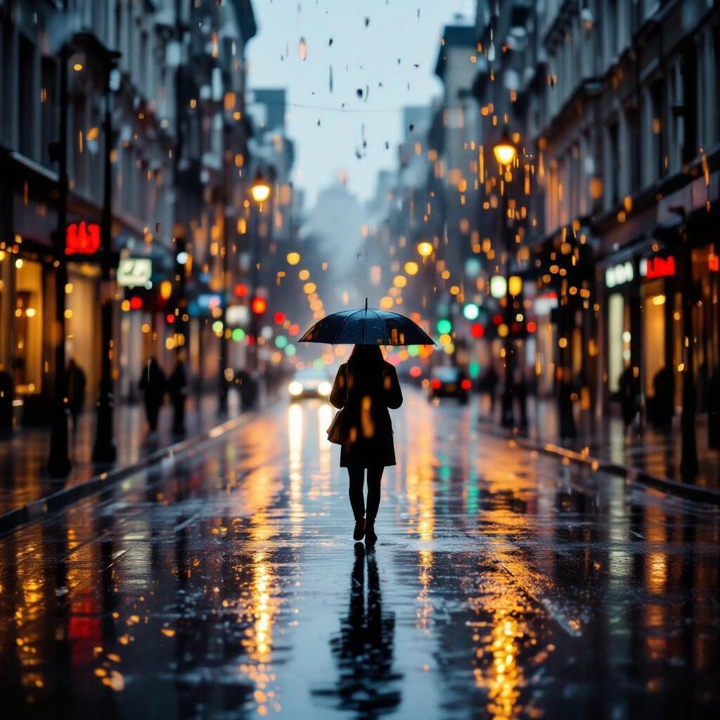 A rainy city street viewed through a fogged-up window. Warm reflections of streetlights appear on the wet pavement. A blurred silhouette walks alone holding an umbrella.
