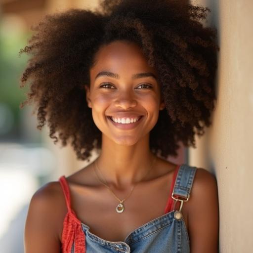 Portrait of a beautiful 21-year-old woman with mixed heritage. Features warm brown eyes and elegantly styled natural hair. Has a confident and friendly expression with a genuine smile. Wearing denim shorts and a red top. Soft natural lighting creates an approachable atmosphere. Simple uncluttered background highlights her beauty. Professional portrait style with excellent composition.