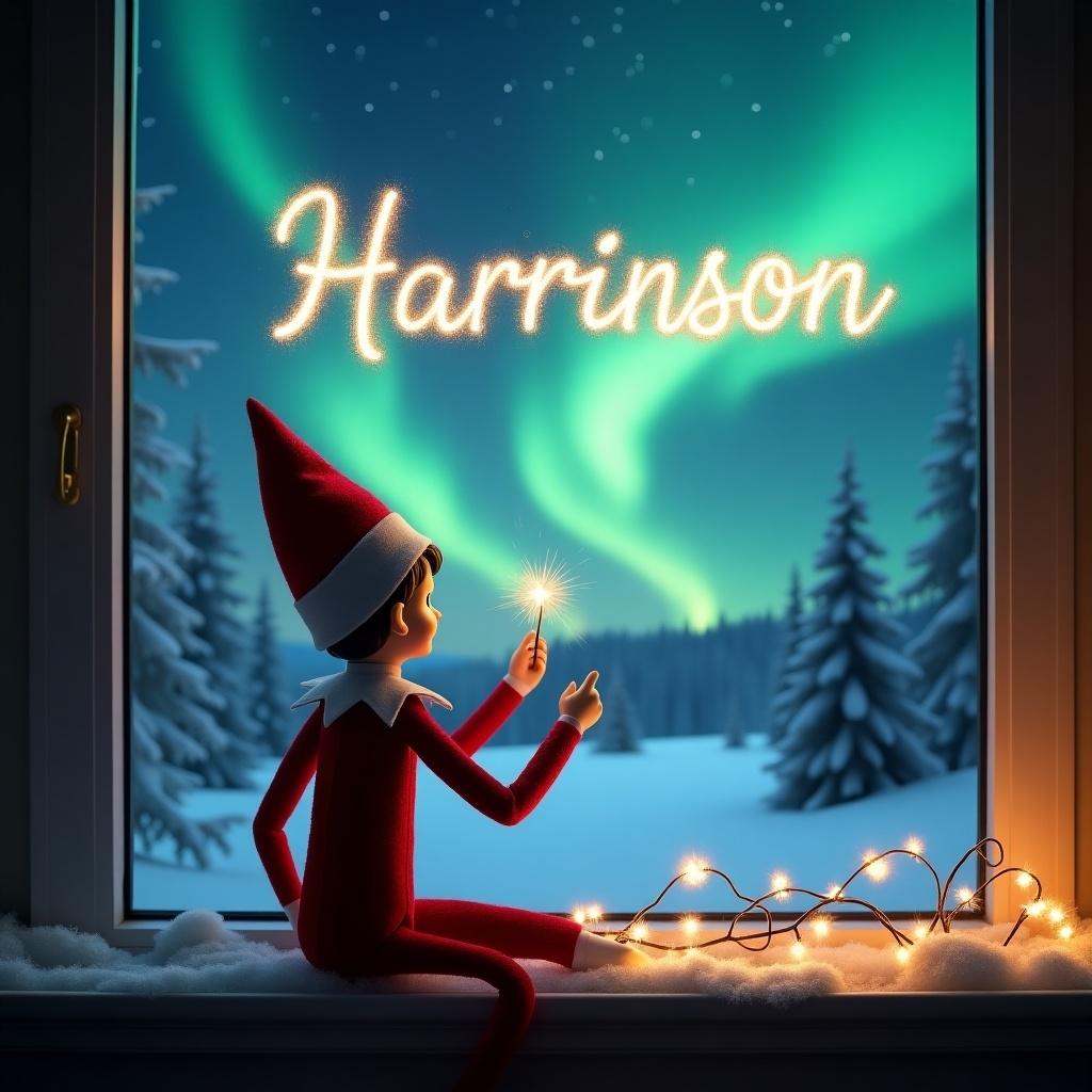 The image features an elf on the shelf sitting on a windowsill, with its back turned to the viewer. The elf is facing a magnificent night sky illuminated by the Northern Lights. In its hand, it holds a wand and is creating sparkles as it writes the word 'Harrison' in the sky. The backdrop is a serene winter landscape blanketed in snow, with soft glowing lights suggesting a festive atmosphere. The scene conveys a sense of magic and wonder associated with the Christmas season.