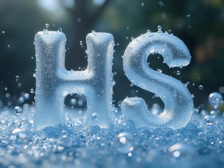Letters H and S formed from soap bubbles. Water texture surrounds letters. Bokeh effect in background. Splashing bubbles create a super realistic 3D appearance. Cinematic style rendered with Octane.
