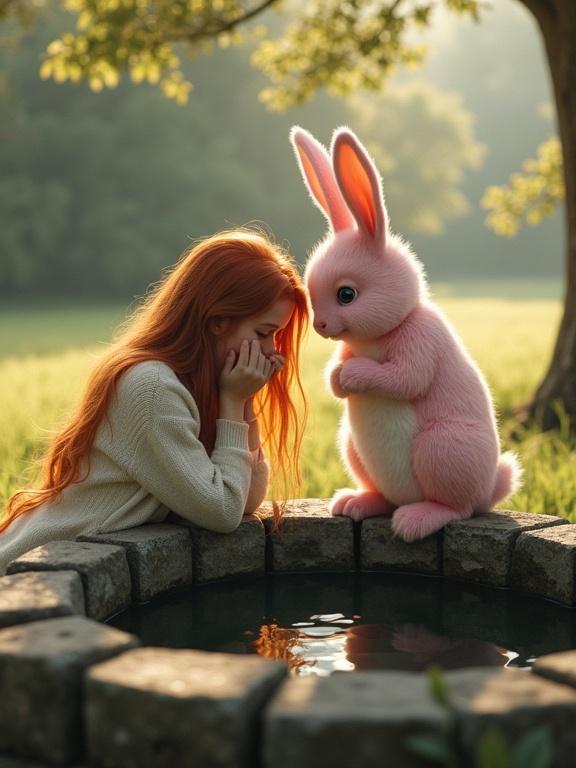 Emotional scene in nature with a young woman. She has long red hair and wears a cozy white sweater. She is sitting at an old stone well with her face in her hands. A large pink rabbit stands by the well, looking concerned. The setting is peaceful with soft sunlight, a grassy field, and trees in the background. The water reflects the bunny and the woman. The scene conveys empathy and connection.