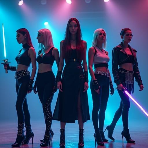 Dark cinematic live action scene featuring five female musicians. They wear sleek chrome suits with tight black pants and tank tops. One holds a glowing blue sword. Another wields a blue disk. A short blonde character has pigtails with a purple glowing wand. A character sports chrome sunglasses with futuristic attire holding a sci-fi energy gun. The fifth has golden curly hair with metallic blades in hand. Textures and reflections are detailed. Shot inside a concert arena during night.