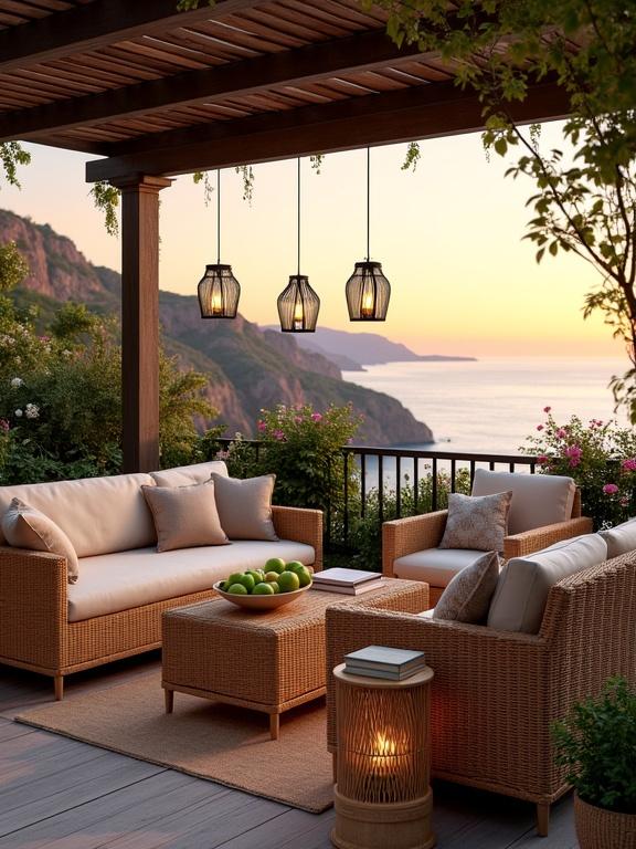 Luxurious outdoor patio setup featuring wicker furniture. Stunning ocean view captured at sunset. Three hanging lanterns add warm light. Bowl of green apples on side table. Surrounding greenery and colorful flowers enhance the scene. Wooden deck with a light gray finish.