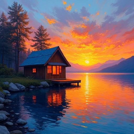 Post-impressionist oil painting of a serene lakeside hut at sunset. Vibrant oranges, blues, purples. Glowing water reflections, thick brushstrokes, 8K, ArtStation. Golden hour lighting.