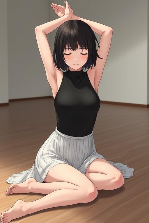Anime girl with short black hair in a ponytail sitting on a hardwood floor. She wears a black sleeveless turtleneck and a white skirt. She is barefoot, both hands raised above her head, eyes closed, in a big empty room studio.