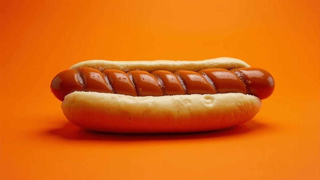 A perfectly arranged hot dog on a soft bun, set against a vivid orange background.