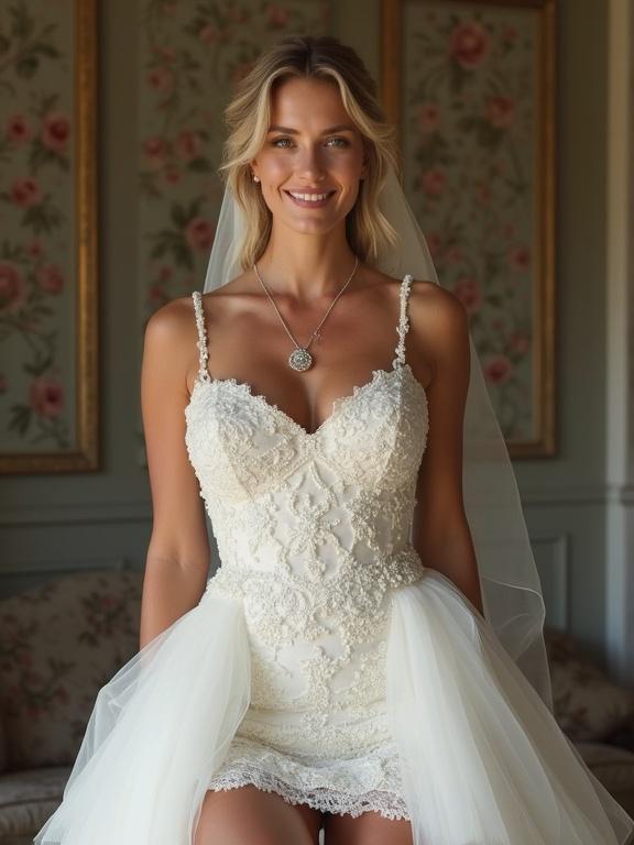Bride wears an elegant mini wedding dress. Dress features intricate lace details and a delicate train. Bride poses confidently with a soft smile. Necklace and soft lighting accentuate the beauty of the dress.