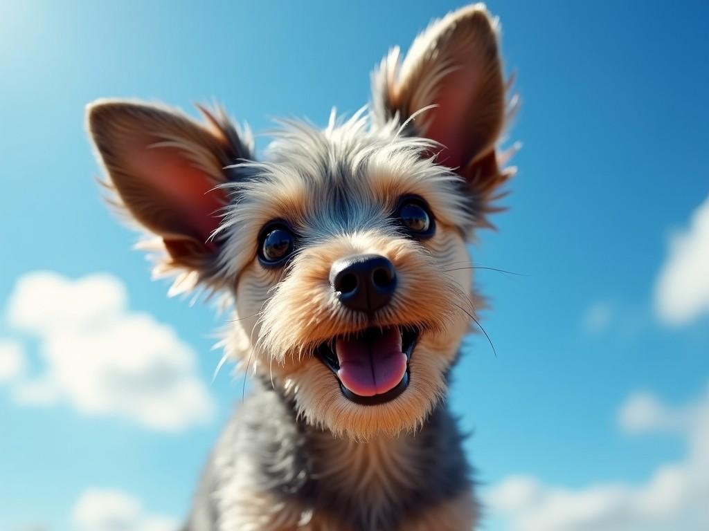 close-up of a small, happy dog with a bright blue sky background