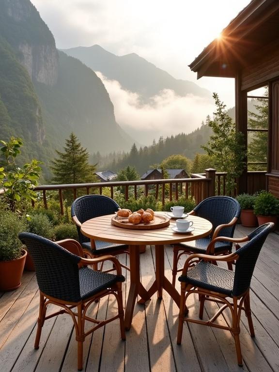 Cozy rustic outdoor breakfast setting on a wooden deck with misty mountains in the background. Round wooden table with pastries. Four wicker chairs. Plants in pots around. Wooden planks on the floor. Warm golden sunlight streaming in, creating a calm mood.