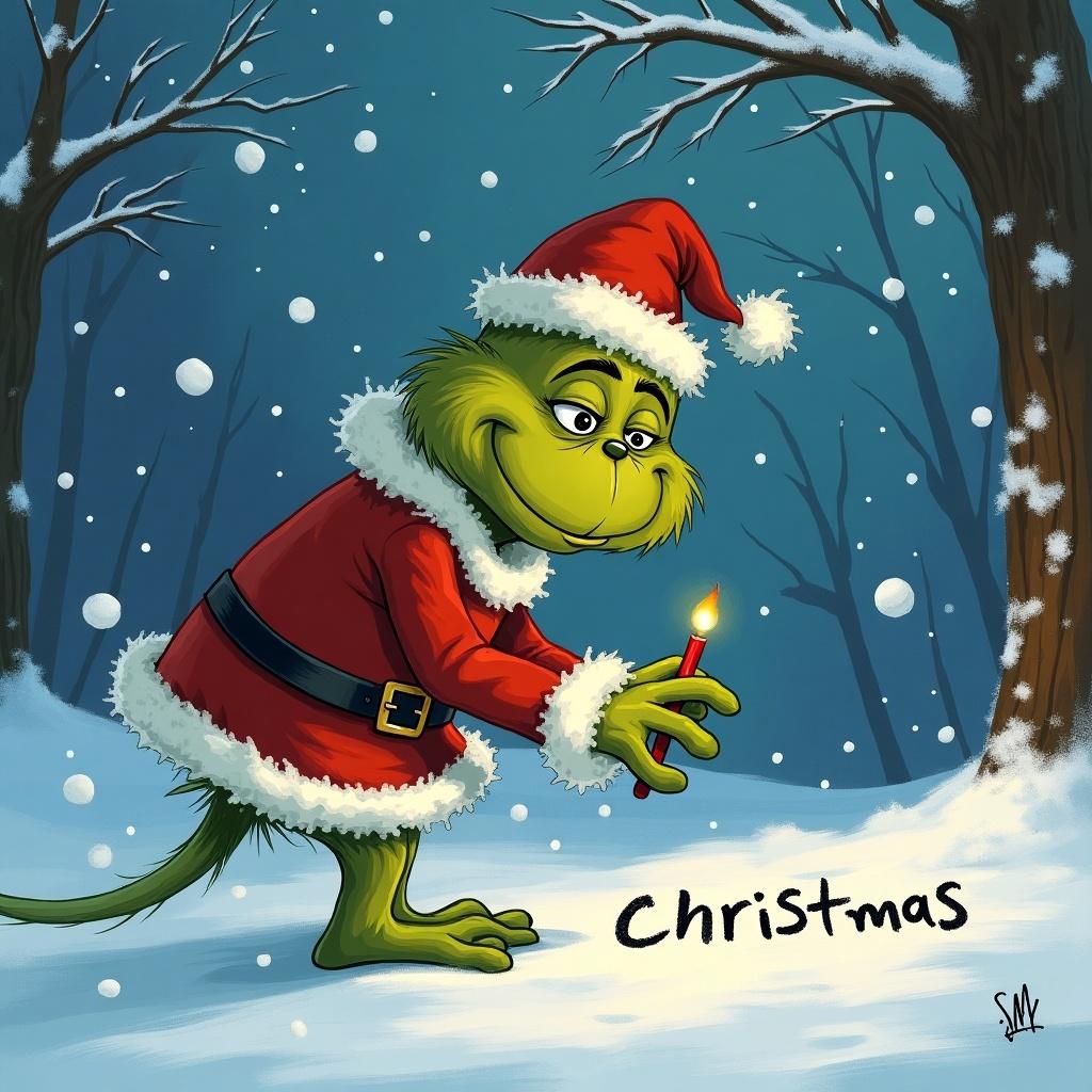 The Grinch in a Santa outfit holds a candle in a snowy scene. He is writing a name in the snow. The setting is festive with falling snow and trees in the background.