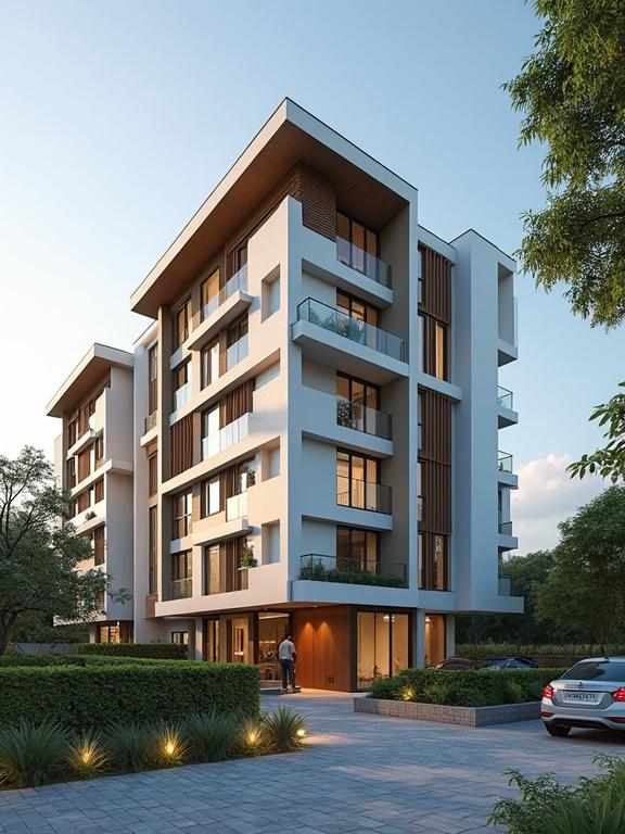 New contemporary apartment building exterior shot. Features multiple balconies and natural surroundings. Evening light highlights modern architecture.