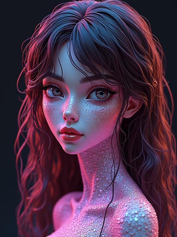 Portrait of a young woman with long hair. Emphasize realistic details and colorful lighting. Create a fantasy vibe. Incorporate elements of anime. Use soft colors to highlight features.