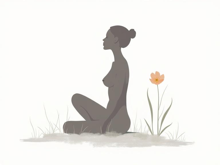 Striking beautiful sitting female naked body in nature using simple shapes and lines to convey beauty and serenity. Subtle minimalism and abstract art with geometric elements in vector style against a white background.