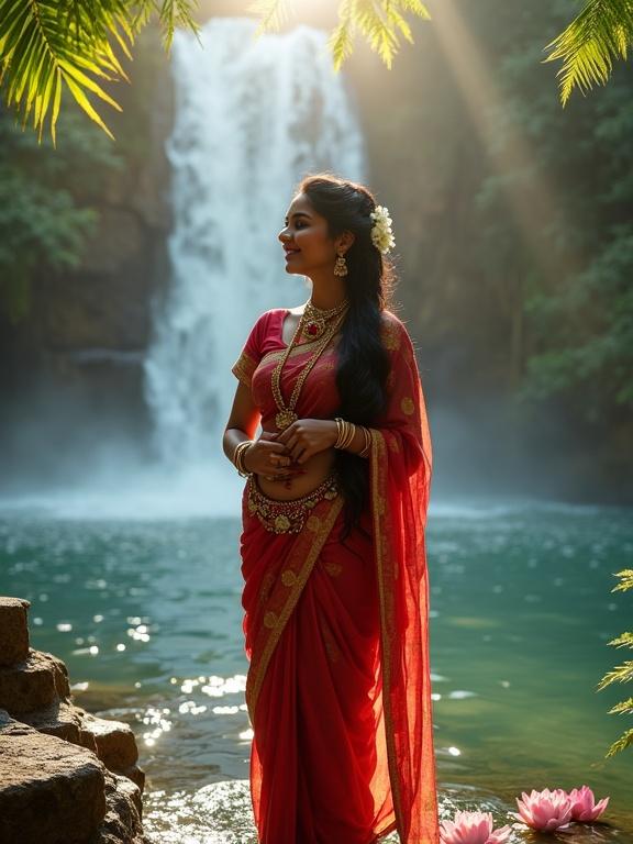A voluptuous Indian woman stands before a waterfall in a crimson saree. Traditional jewelry and jasmine flowers adorn her. Sunlight creates rainbows as she adjusts her dupatta, carefree laughter captured mid-movement. Surrounded by lush ferns and a turquoise plunge pool, ancient steps lead into the water amidst pink lotus flowers. Professional photography capturing natural elements at golden hour.