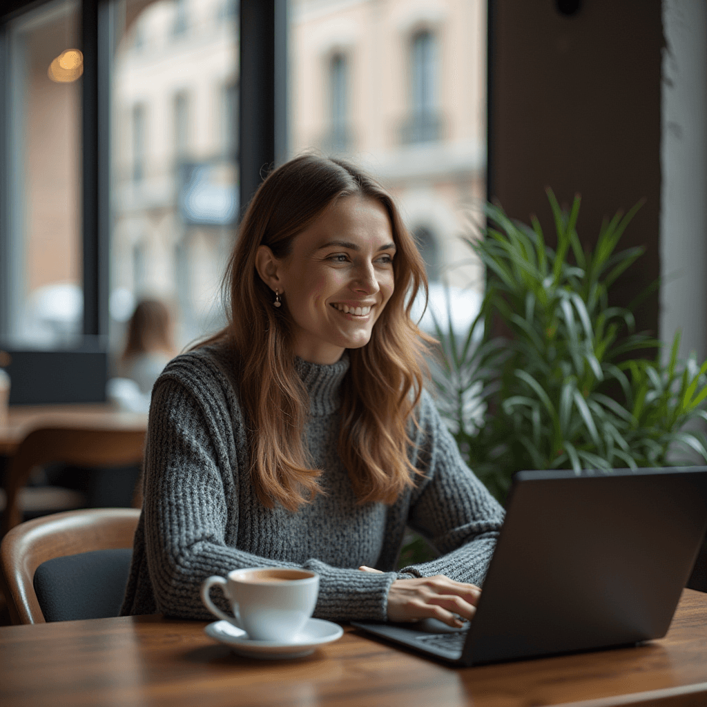 A woman working on a laptop in a coffee shop, surrounded by plants.