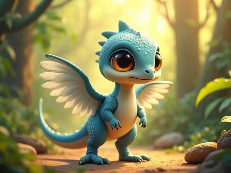 A small adorable Microraptor dinosaur stands in a bright prehistoric jungle. The dinosaur is the size of a cat and covered in soft feathers. It has four feathered limbs with wings. The jungle is lush and magical with towering trees and vines. Style is Disney 3D animation with soft lighting and warm colors.