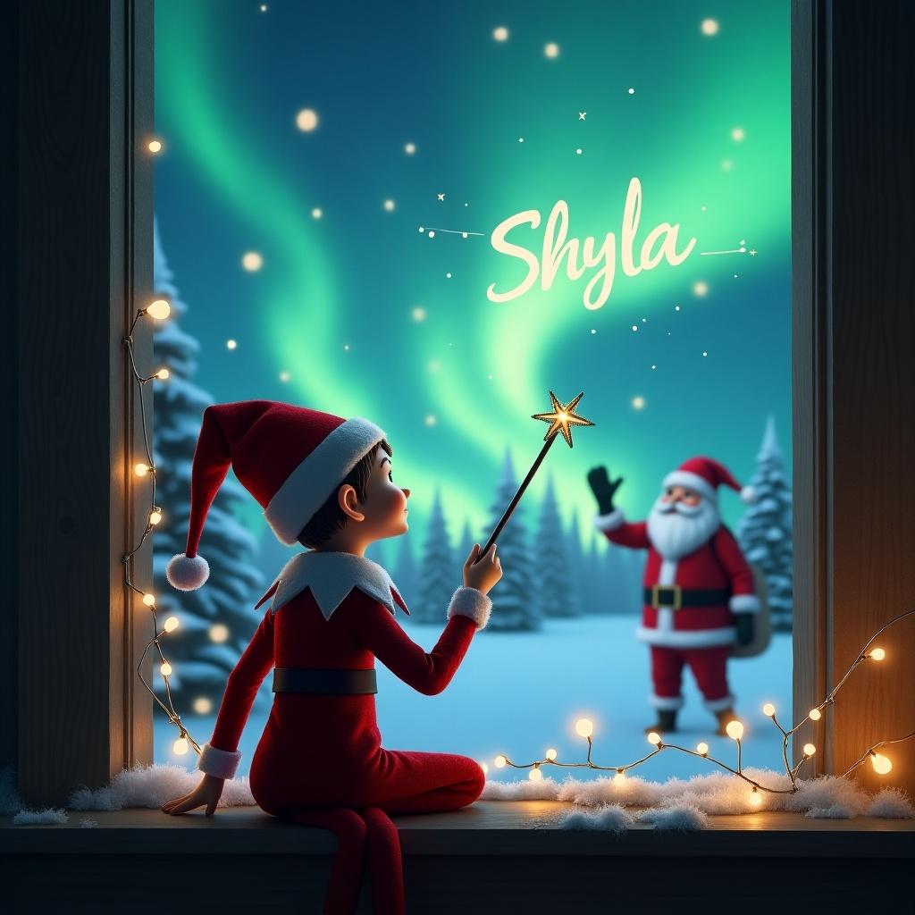 In a cozy room filled with holiday cheer, an elf on the shelf faces the magical northern lights outside. The elf, dressed in a cheerful red outfit and pointed hat, wields a wand to write the name 'Shyla' in the sparkling sky. Santa Claus waves in the background, immersed in the enchanting winter scene. Twinkling fairy lights decorate the window, adding to the festive atmosphere. Snow blankets the ground outside, creating a serene and whimsical holiday setting.