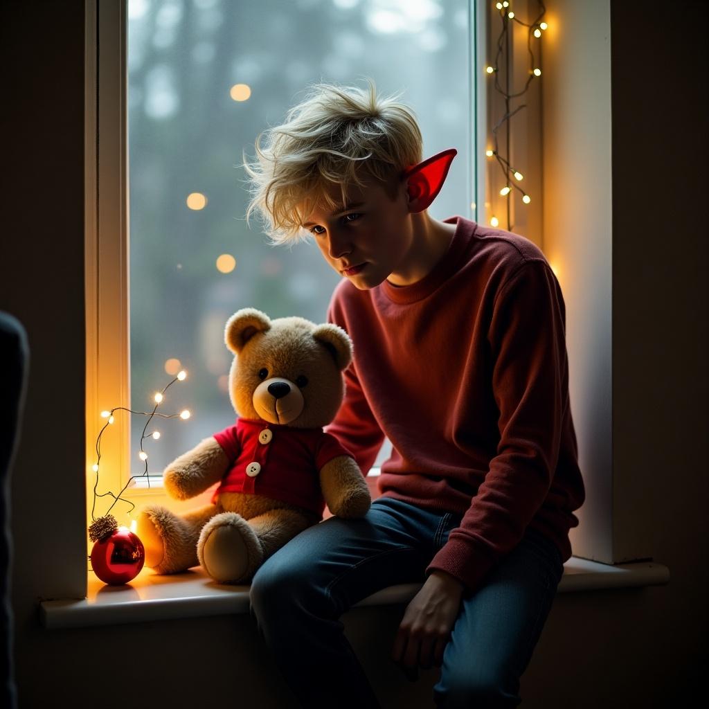 Image of a young man with light blonde hair sitting on a window sill. He has elf-like ears and a sad expression. Lights are visible in the window. A Christmas bear is next to him. The atmosphere is cozy with a festive feel.