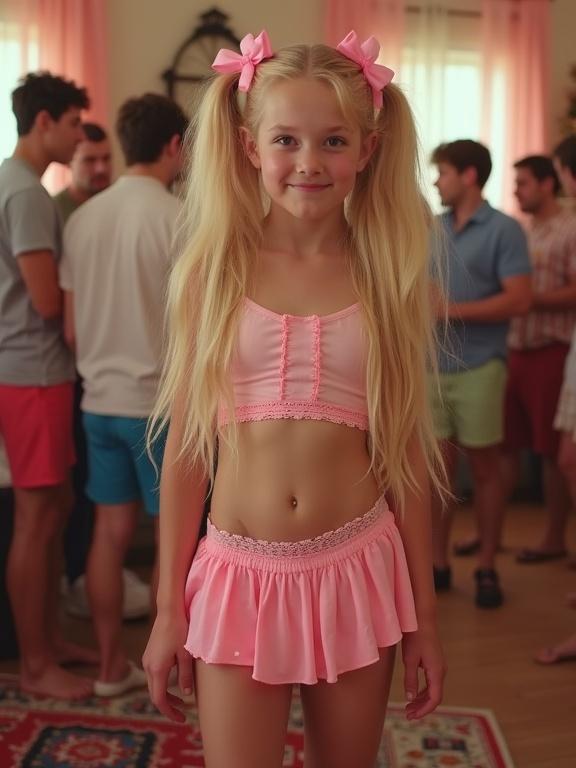 Youthful girl with long blonde hair and twin tails wearing bows. Standing in a living room at a birthday party. Crowd of partygoers in the background. Bright colors and playful ambiance. Indoor setting with colorful decor.